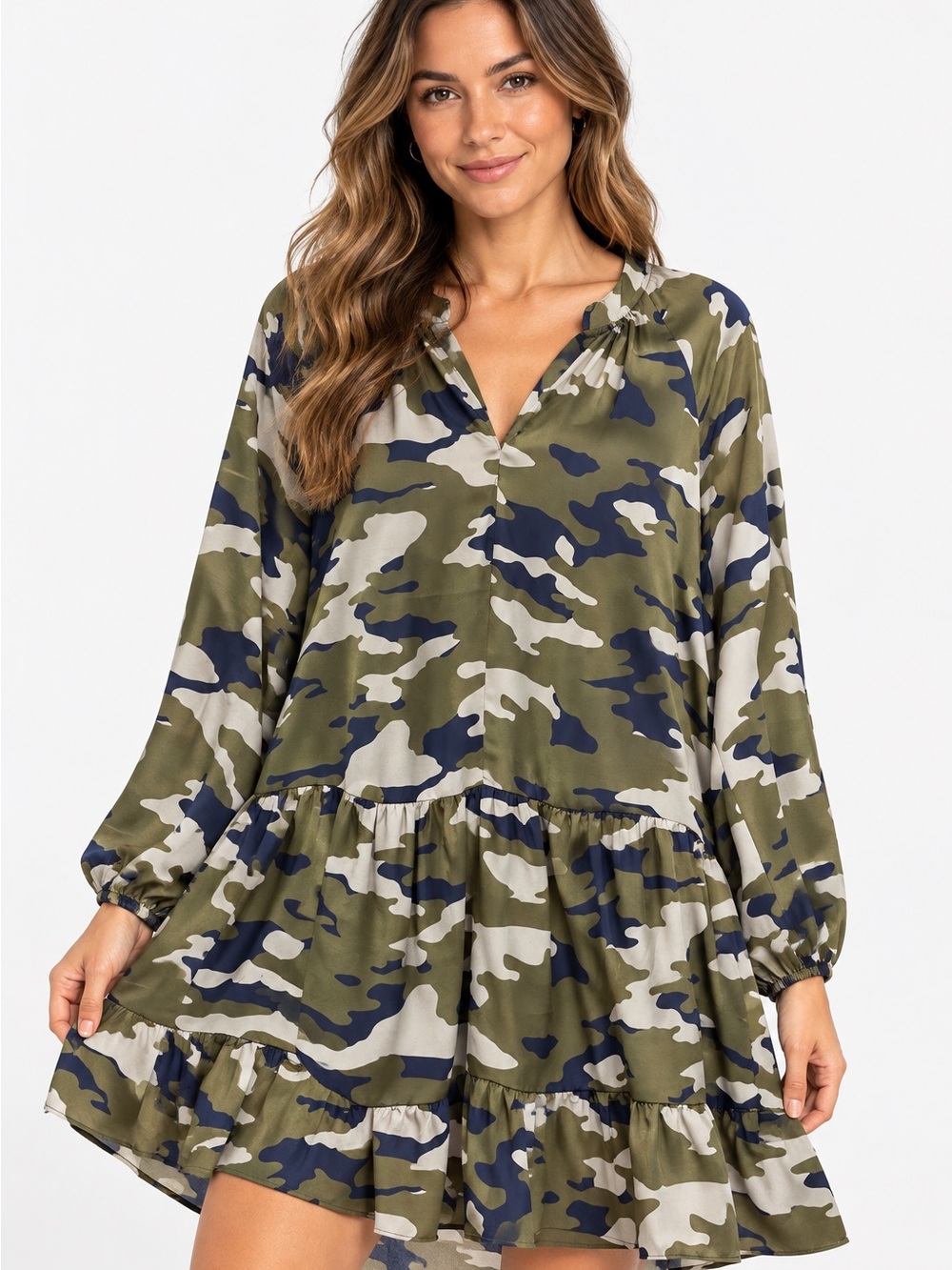 Banana Republic Camo Tiered Ruffle Dress Medium Olive Navy
